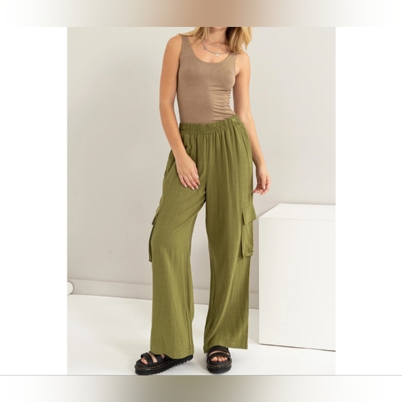 #48 🛑S,L BOHO CHIC TRENDY Wide Leg Linen Cargo Pants - Picture 12 of 16